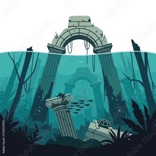 Sunken ancient city ruins of Atlantis with columns and arches underwater, visited by schools of fish and a sea turtle.