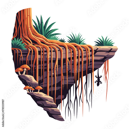 Fantasy illustration of a magical floating island with large tree roots, lush jungle plants, mushrooms, and a lizard.