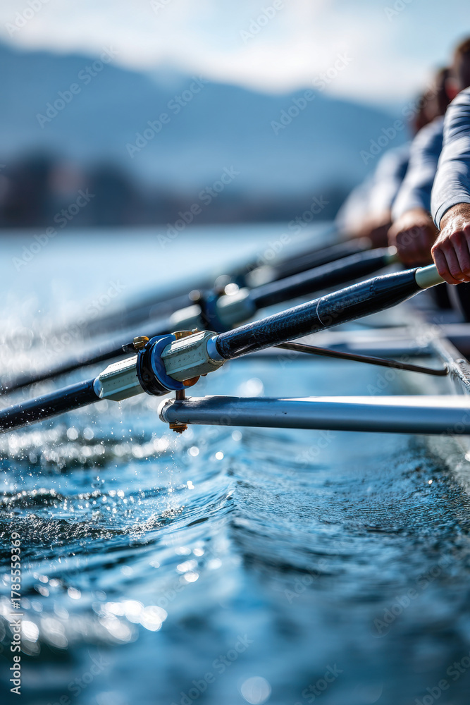 Fototapeta premium Rowing team paddling in synchronization on calm water