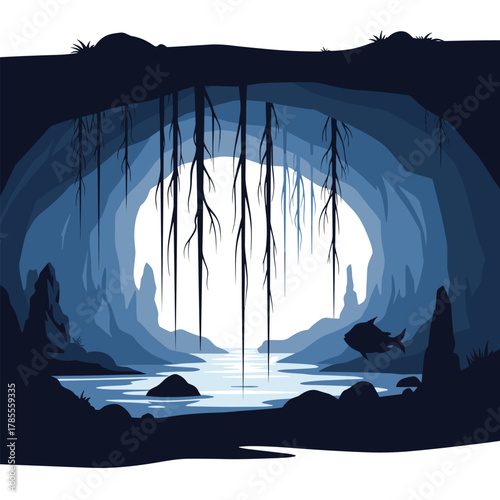 A dark, mysterious underground grotto with long hanging roots over a subterranean river and a silhouette of a large fish.