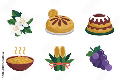 Detailed flat vector icons for festive celebration food, showing grapes, pie, donut, pudding, flower, and rice porridge,