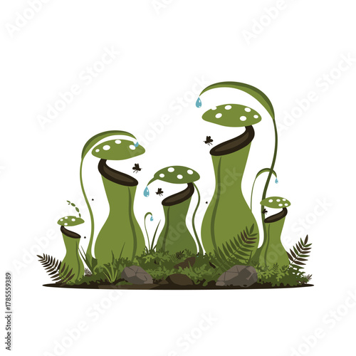 A group of carnivorous pitcher plants with dewdrops on their lids, attracting flies in a swampy, fern-filled area.