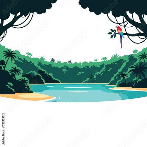 Vibrant jungle landscape illustration featuring a winding blue river, dense tropical trees, and a scarlet macaw on a branch.