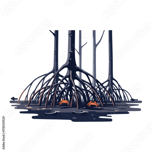 Mangrove tree roots in a swampy area with two orange crabs, illustrated in a stylized, graphic vector format.
