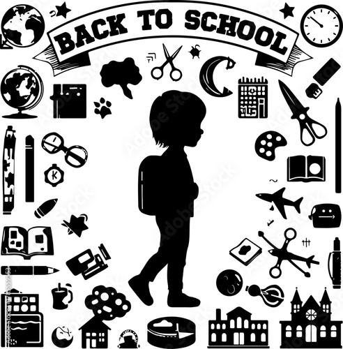 A black and white drawing of a school back to school icon set