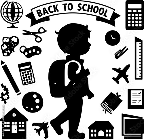 A black and white drawing of a school back to school icon set