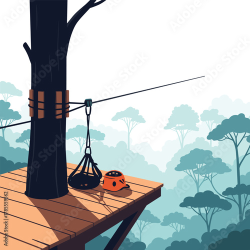 Zipline adventure awaits on a high wooden platform in a treetop, with safety harness and helmet ready for an exciting ride.