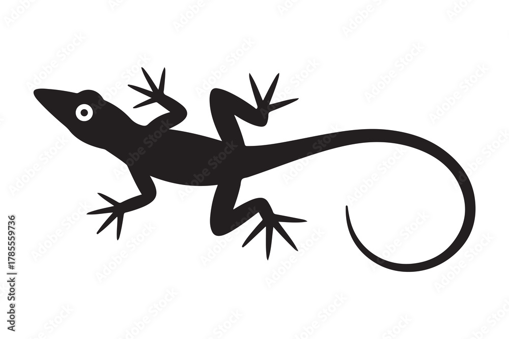 Naklejka premium Black silhouette of a gecko lizard with detailed claws and a curled tail silhouette