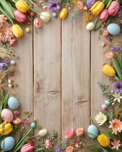 Rustic wooden background with a vibrant easter flower and egg border