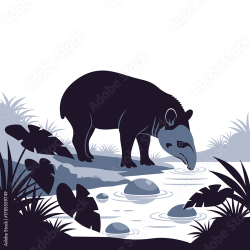 A tapir is drinking water from a stream at the edge of a jungle, rendered in a simple two-tone silhouette style.
