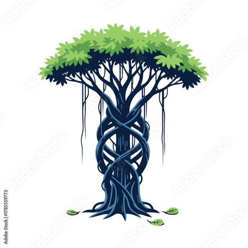 Stylized Banyan tree with a thick, twisted trunk, lush green canopy of leaves, and hanging aerial prop roots.