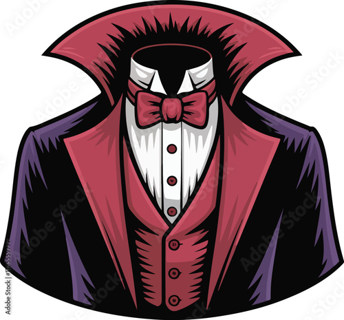 Vampire suit vector illustration featuring a formal black jacket with red lapels and a white shirt and bow tie