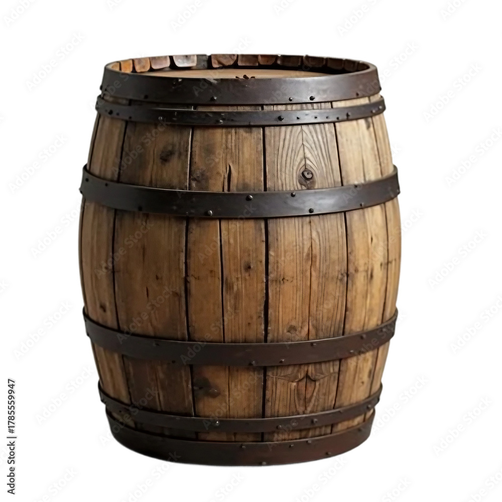 Fototapeta premium Vintage wooden barrel with metal hoops isolated on white background