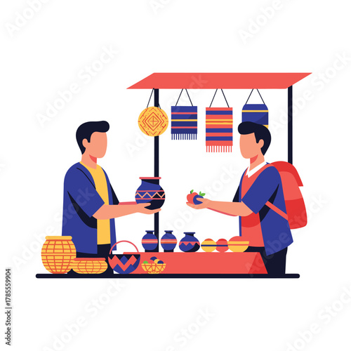 Tourist at a local street market stall browses handmade crafts, buying a beautifully decorated ceramic vase from the vendor.