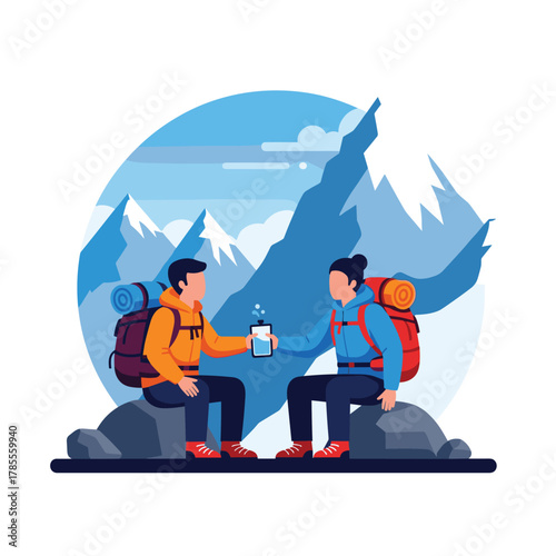 Two hikers taking a break during a mountain trek, sitting on rocks and sharing a drink against a snowy peak backdrop.