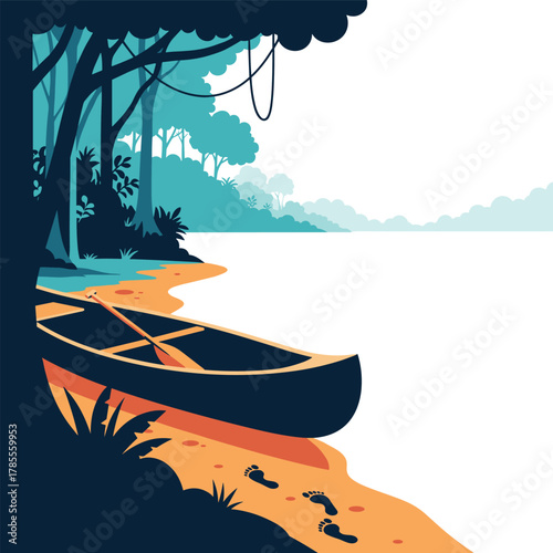A canoe rests on a sandy riverbank at the edge of a dense jungle, with footprints leading away into the forest.