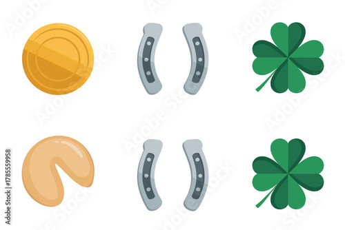 Flat vector icons for good luck charms, featuring coins, horseshoe, clover, wishbone, star, and fortune cookie,