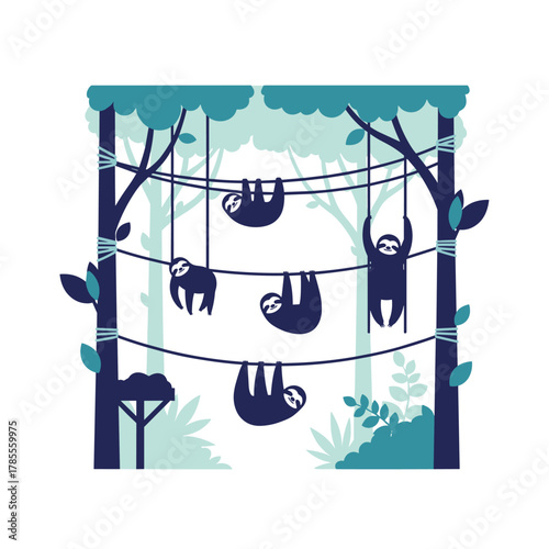A group of cute, lazy sloths hanging from vines and ropes in a stylized blue-green jungle environment illustration.