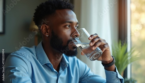 Black man drinks water. An ethnic male holding a glass of pure water looks out of the window. He is feeling refreshed. Healthy lifestyle concept