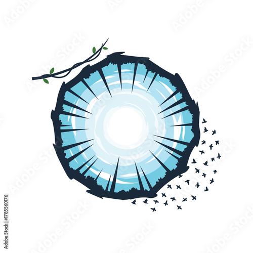 Abstract top-down view looking up at a bright sky through a circular clearing in a dark forest, with birds taking flight.