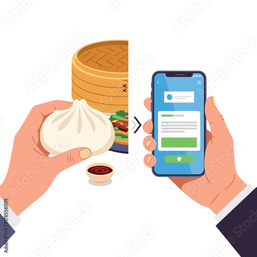 Concept of ordering food online, showing hands holding a steamed bao bun and a smartphone with a restaurant mobile app.