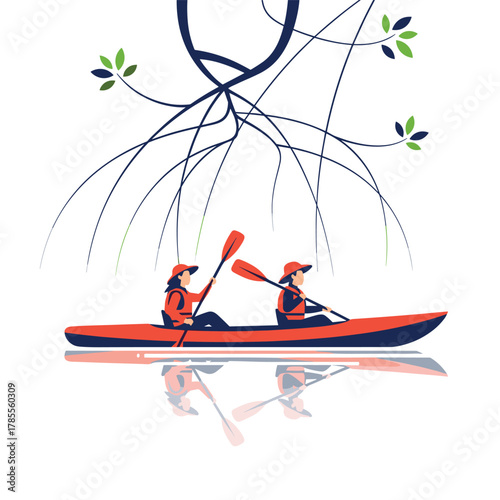 Two people paddling in a red kayak on a calm, reflective lake under the delicate, arching branches of an abstract tree.