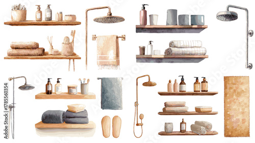 Watercolor illustration of bathroom shelves, towels, shower fixtures, toiletries, and spa essentials arranged in a clean, minimalist style.
