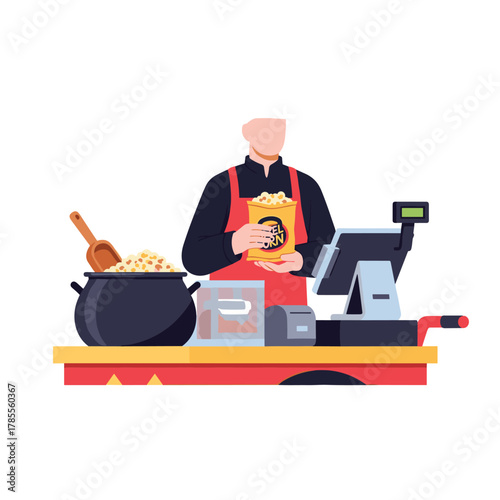 A cinema or fair vendor in a red apron stands at a counter selling freshly made popcorn from a large black kettle.