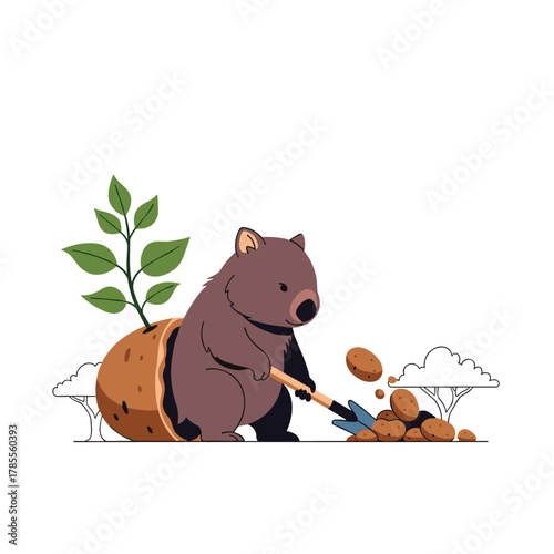 A cute wombat character emerges from a plant pot and uses a shovel for gardening, planting potatoes or nuts.