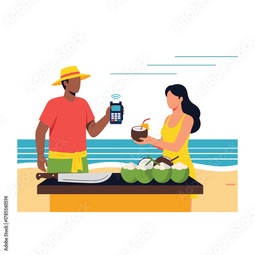 A beach vendor sells fresh coconuts to a tourist, accepting a contactless payment with a mobile point of sale terminal.