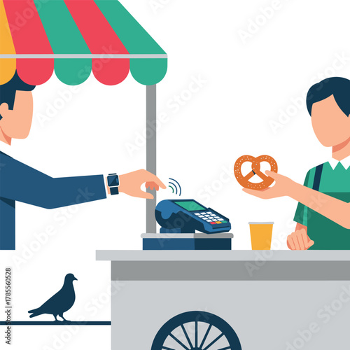 A customer in a suit uses a smartwatch for contactless payment at a street food cart to buy a pretzel from a vendor.