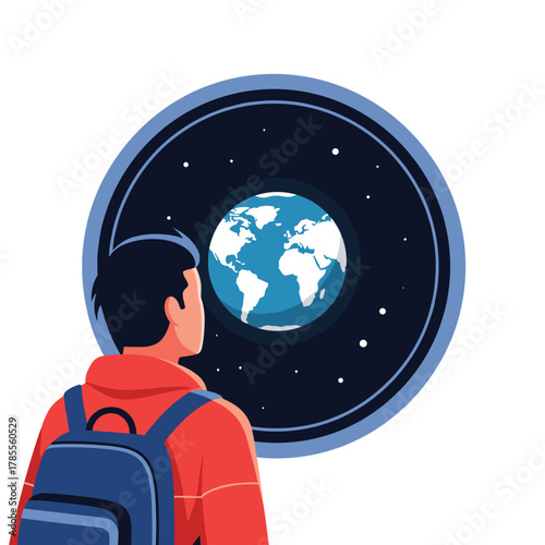 Young man with a backpack looking out of a spaceship porthole at planet Earth among the stars in outer space.