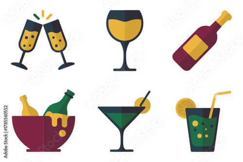 Outline color icons for party beverages, illustrating champagne, wine, martini, cocktails, and various festive alcoholic drinks,