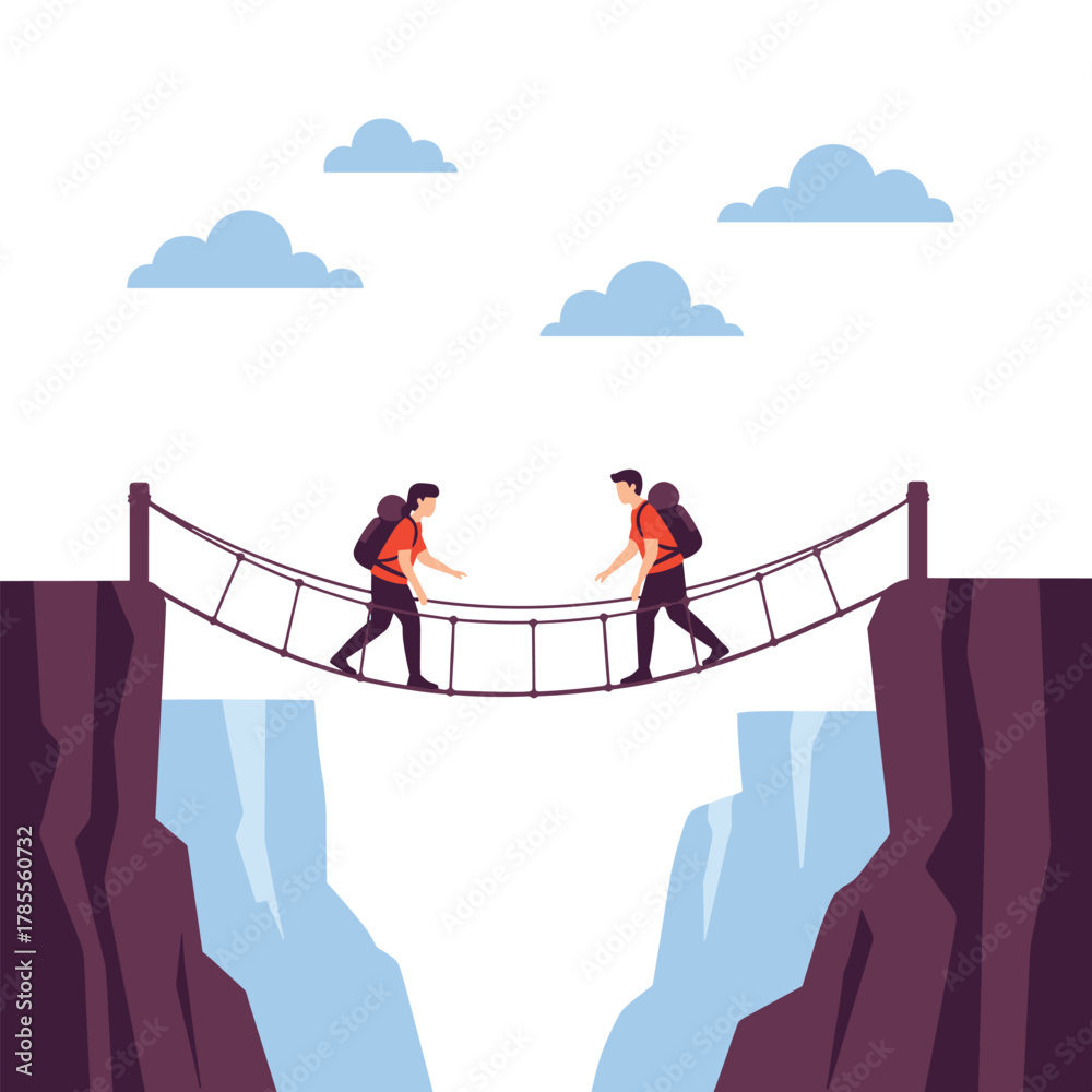 Naklejka premium Two hikers with backpacks carefully making their way across a precarious rope suspension bridge spanning a deep, rocky canyon.