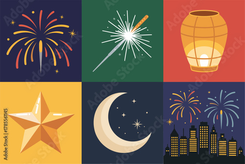 Outline color icons for midnight celebration, illustrating stars, moon, fireworks, lantern, and glowing city skyline,