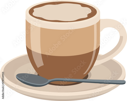 Vector illustration of a warm coffee beverage in a clear cup on a saucer with a spoon.
