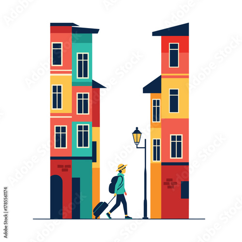 A traveler with a backpack and rolling suitcase walks down a narrow European-style street with colorful tall buildings.