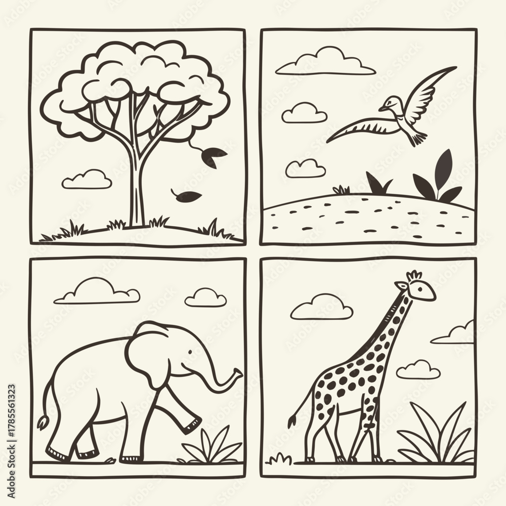 Fototapeta premium Nature and Animal Doodle Vector Pack – Hand-Drawn Wildlife and Forest Icons. A playful doodle vector pack of animals and nature icons drawn in black ink. Perfect for kids, nature art, and design