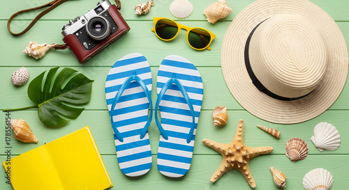 An organized knolling of beach accessories, with a sun hat, camera, and sunglasses, on a seafoam green wooden surface.
