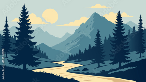 Mountain landscape with river and pine trees
A vector illustration depicting a stylized mountain landscape with a winding river, pine trees, and a sun in the sky under a cloudy horizon, conveying a se