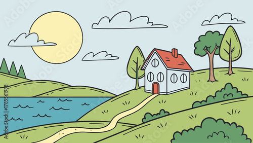 House on a green hillside by the lake
Doodle style illustration of a small house on a green hillside overlooking a lake under a sky with sun and clouds.