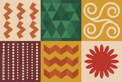 Outline color icons for creative tiling pattern, illustrating chevron, diamond, flowers, and colorful geometric swirls,