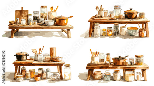 Watercolor rustic kitchen scene featuring wooden shelves, jars, pots, bowls, utensils, and ingredients. Perfect for farmhouse decor, culinary illustrations, cooking themes, and homestyle visuals.