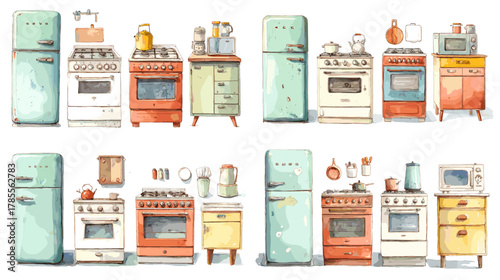 Charming watercolor illustration of vintage kitchen appliances including retro stoves, fridges, cabinets, cookware and utensils. Ideal for culinary design, home decor, retro themes, and kitchen visual