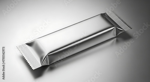 A close up of a silver foil wrapped bar on a reflective surface with serrated edges visible ends