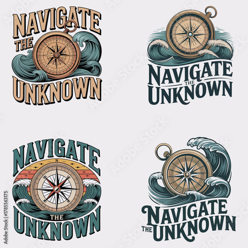 Navigate The Unknown Four Variations Of Compass And Waves Logo Designs Keywords: compass