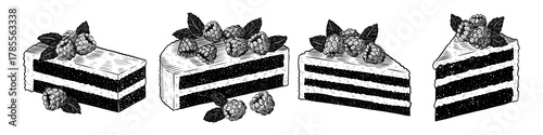 Set of holiday cakes with cream and raspberry in section. Vector black ink isolated illustration in sketch line style