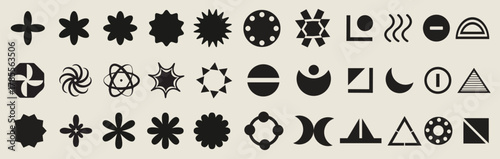 Set of graphic logo brutalist assets with grid, pattern and elements. Vector modern shapes in retro aesthetic. Isolated illustration for stickers, poster, collage, design template. 