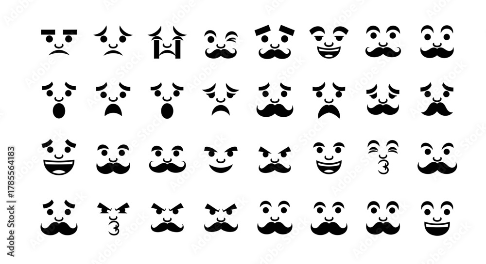 Fototapeta premium Expressive cartoon faces with diverse emotions and mustaches