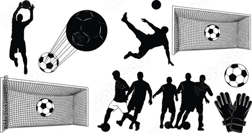 Silhouette of soccer players in various poses, including kicking, goalkeeping, and scoring, perfect for sportsthemed designs